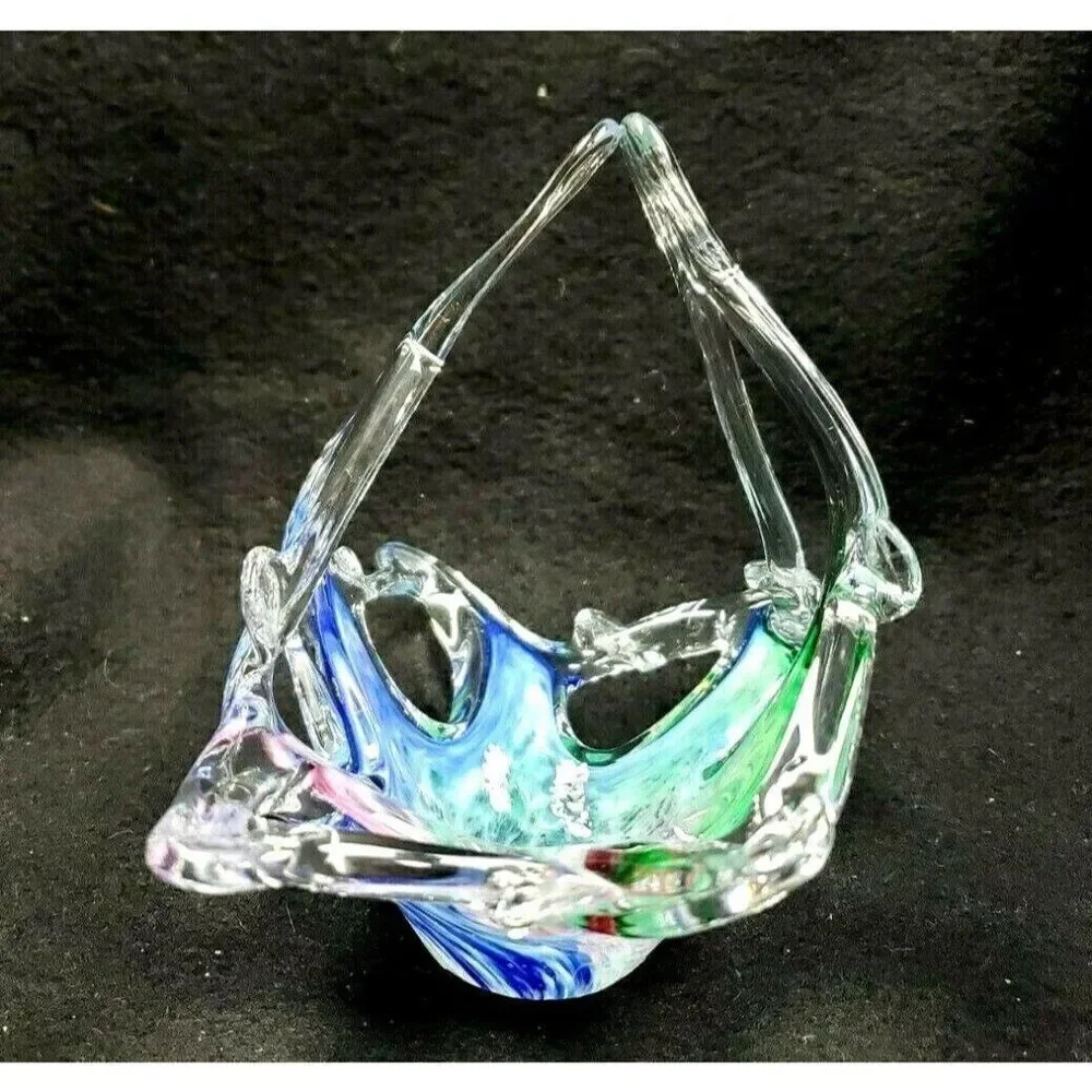 STUNNING! Vintage Art Glass Basket Candy Dish Blue Pink Green Swirl Colorful